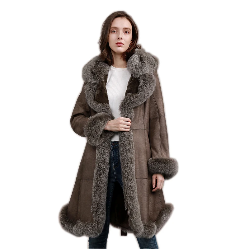 Leder jacke mit pelz kaninchen fell mantel futter fuchs pelz kragen lange pelzmantel frauen in winter mode warme große größe plus mantel