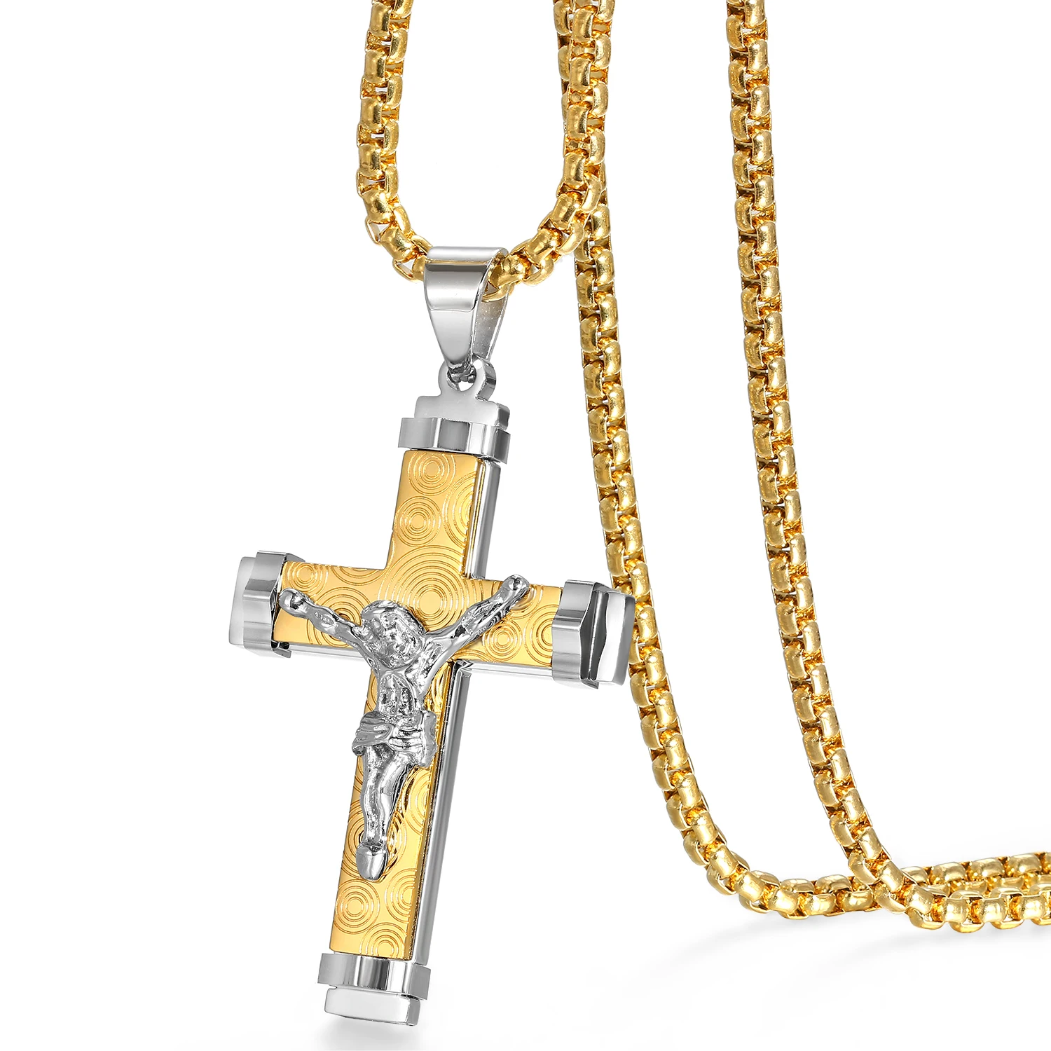 BONISKISS Jesus Cross Silver Color Necklaces Men Women Pendant Stainless Steel  Long Chain Necklace Men Christian Jewelry