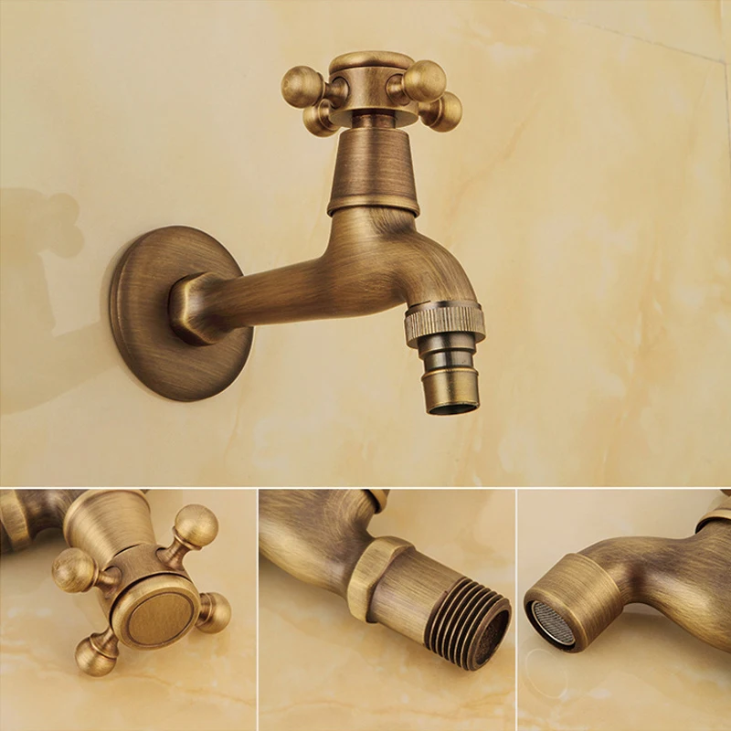 Wall Mount Bibcock Antique Brass Retro Small Pool Tap Decorative Outdoor Garden Faucet Washing Machine Mop Cold Water WC Taps