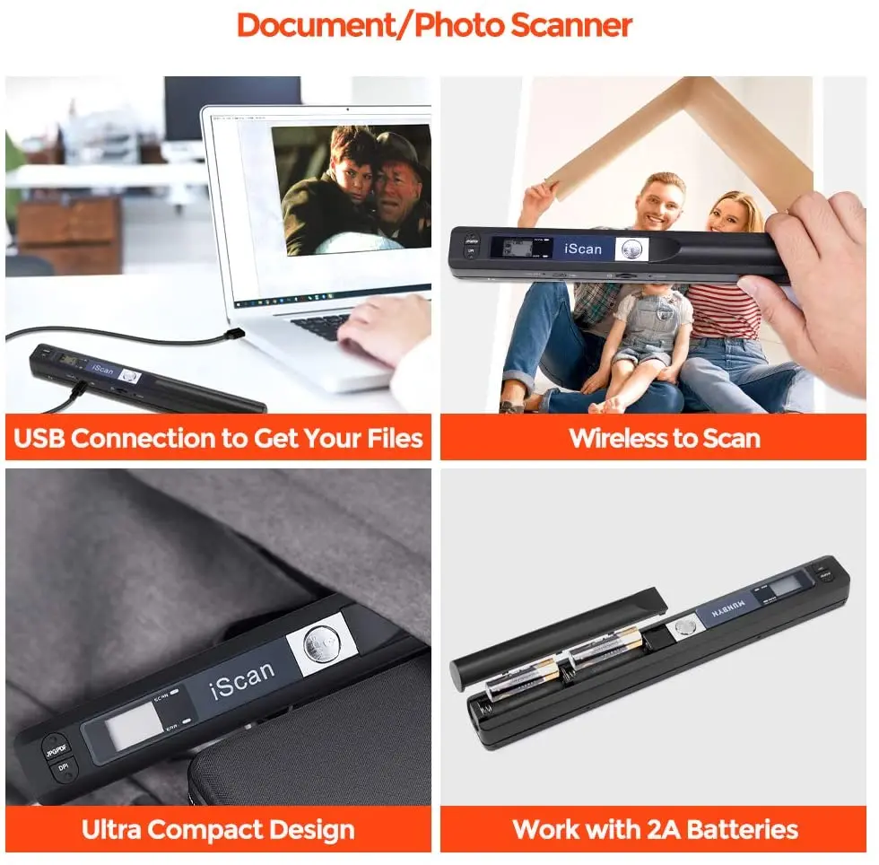 Mini Portable Handheld Scanner iScan 900 DPI A4 Document Scanner for Business Photo Picture Receipts Book Support JPG/PDF Format