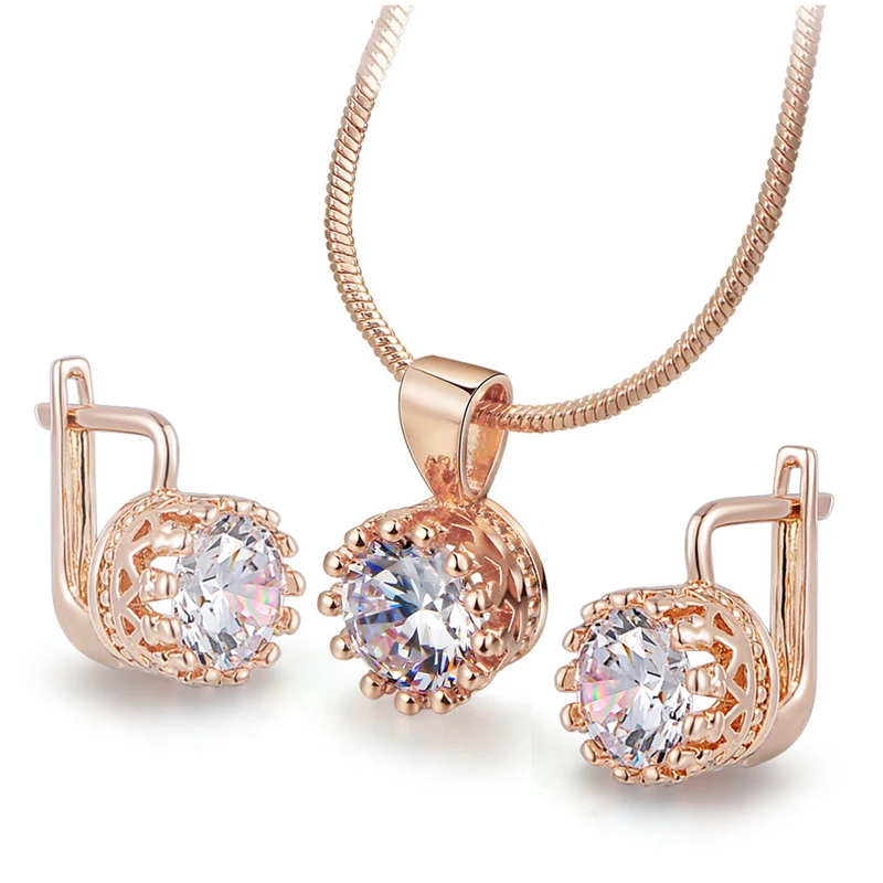 Classic Trendy Wedding Sets For Women Engagement Necklace Earring Rose Gold Color Fashion Jewelry S169