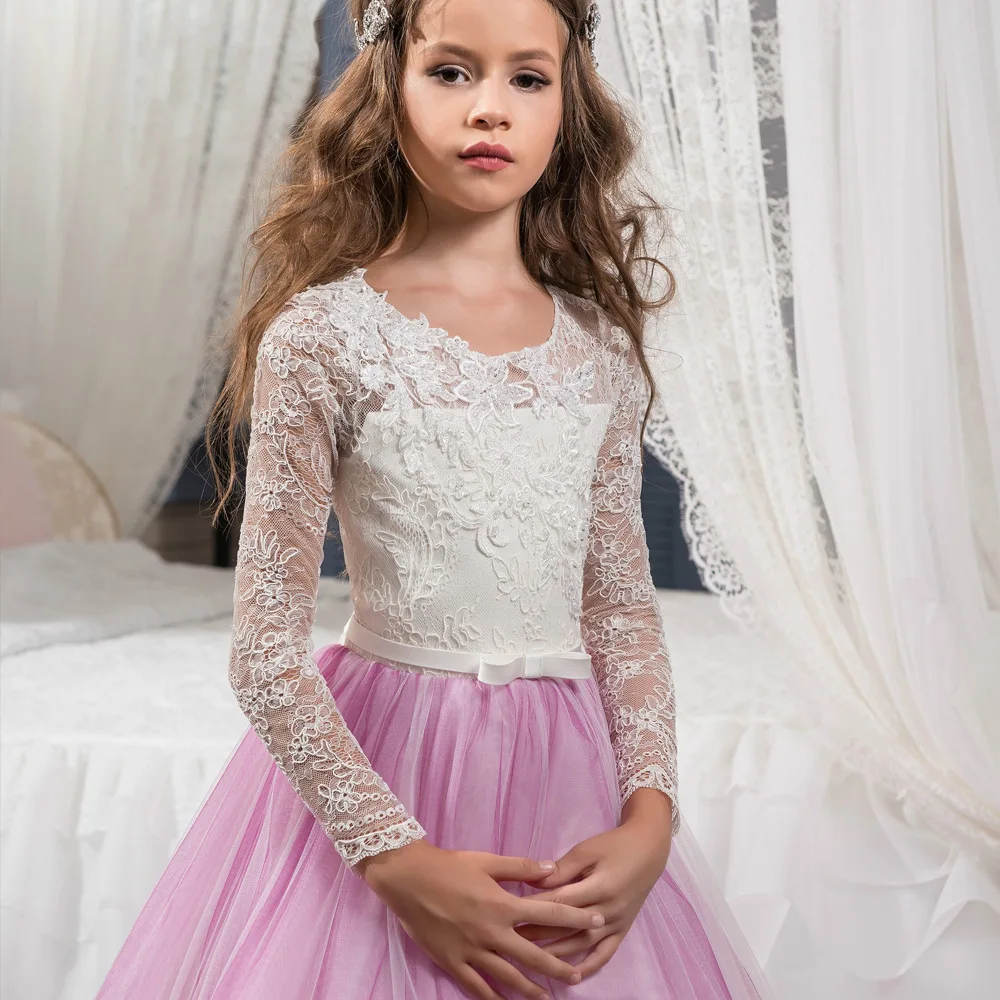 Vestidos de flores con apliques de encaje para niña, hecho a medida vestido de fiesta, vestidos de primera comunión para niña, elegante, gran oferta