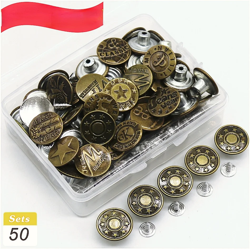 50 Pcs 17 mm Boxed Metal Jeans Button Denim Button Men Women Sewing-free Detachable Pants Change Waist Size Buttons Accessories