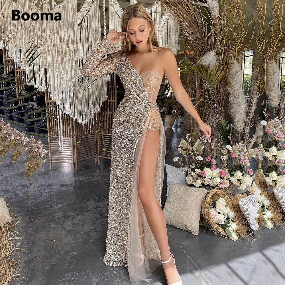 Booma Gold Eine Schulter Pailletten Abendkleider 2021 Langarm Hohe Slit Asymmetrische Abendkleider Formale Party Kleider