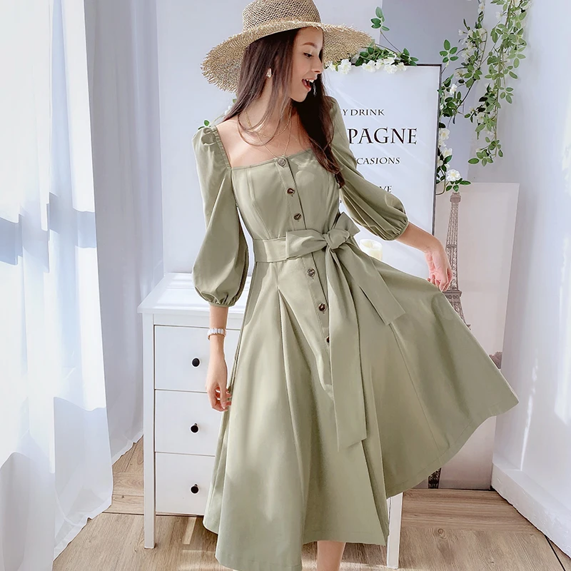 Dabuwawa Elegant Vintage Women Dress Early Autumn Puff Sleeve Square Neck Ruffles Pink Dresses Casual Long Dress DO1ADR040