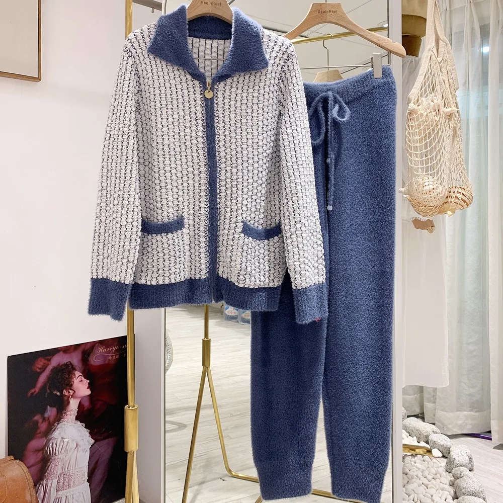 Pajamas suit ladies geometric plaid casual home wear autumn and winter warm long-sleeved pajamas pajamas zipper square collar