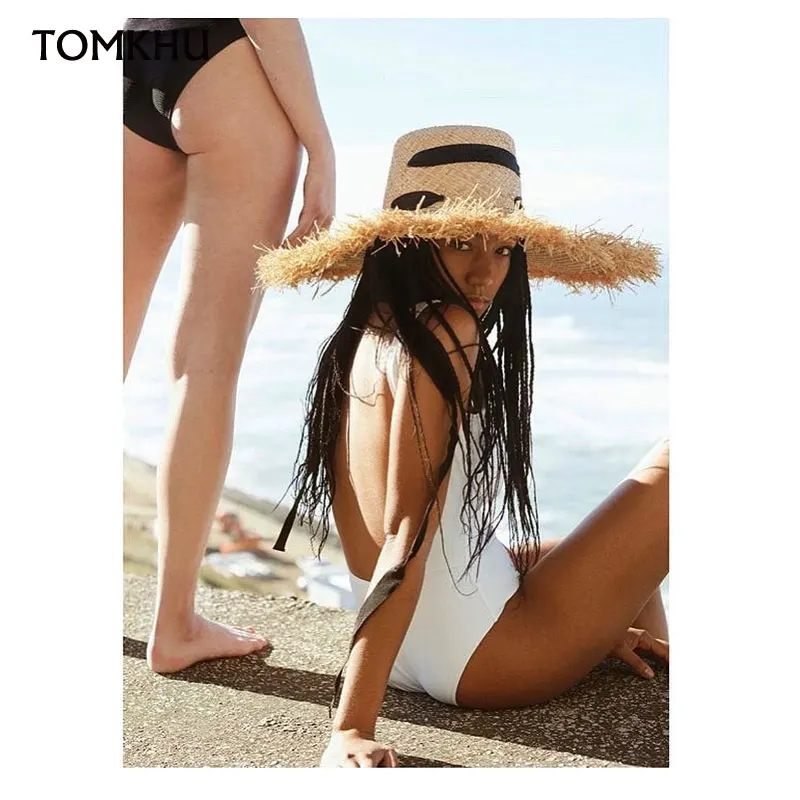 

New Fashion Black Bandage Ribbon Ladies Raffia Raw Straw Hat Kentucky Derby Sun Hat Large Wide Brim Summer Beach Straw Cap