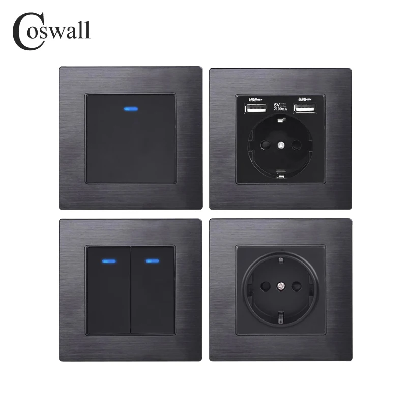 COSWALL 1/2/3/4 Gang 1/2 Way On / Off Rocker Key Wall Light Switch With Blue Backlight EU Socket Black Aluminum Metal Panel