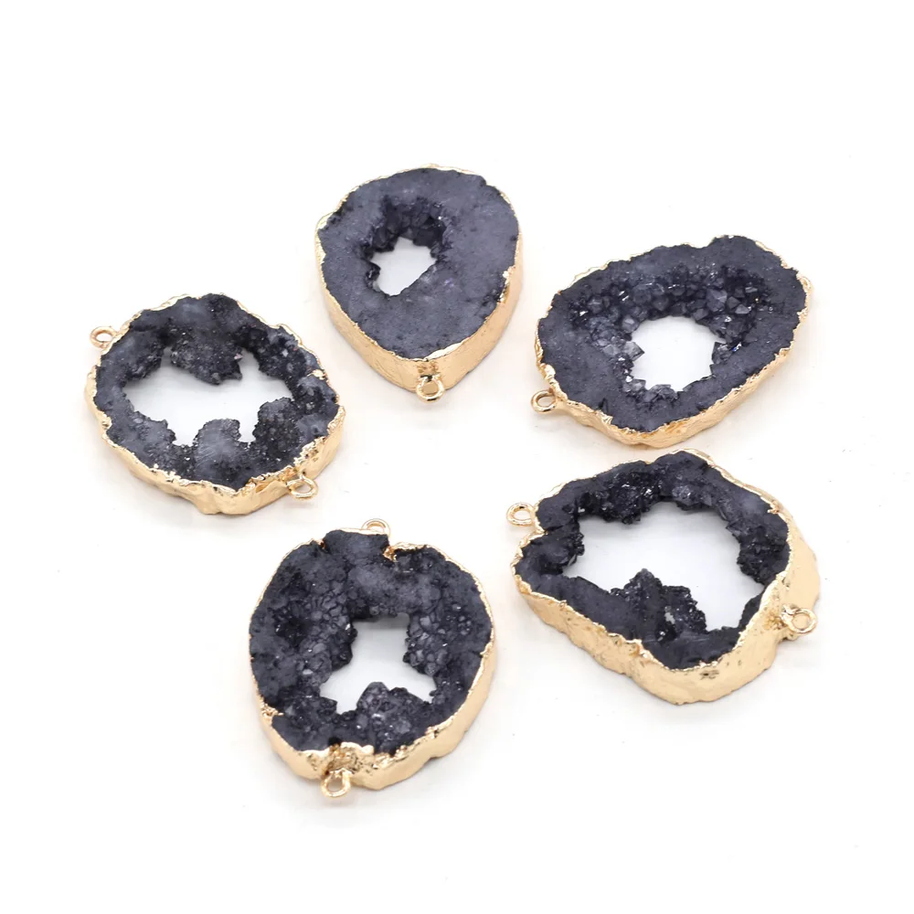 Natural Stone Druzy Black Agate Quartz Geode Crystal Cluster Connector for Jewelry Making DIY Charm Pendant Necklace Accessories