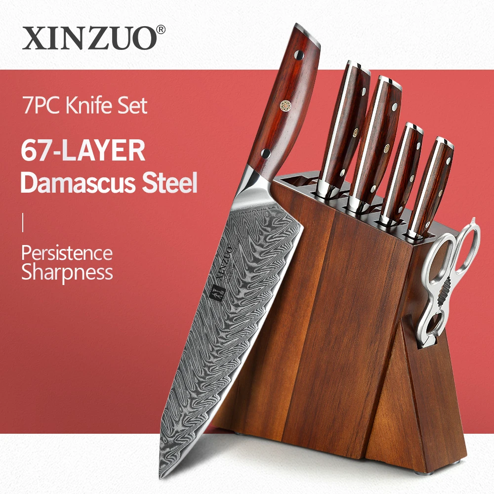 XINZUO 7 PCS Kitchen Knives Set 60±2 HRC Damascus Steel with Rosewood Handle Scissors Acacia Wood Professional Knife Block Set