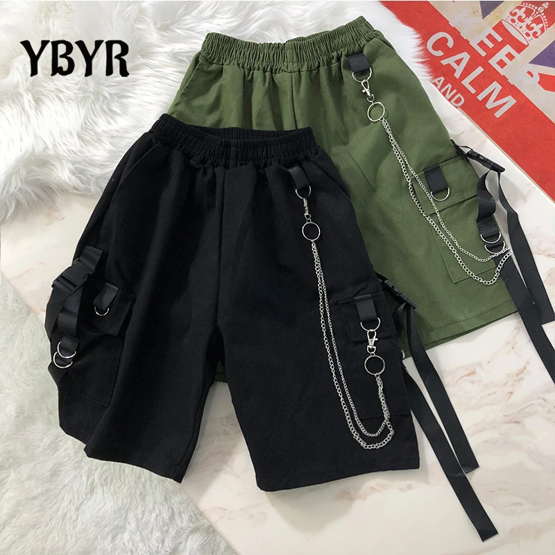 2021 Summer Women Cargo Shorts Female Loose Straight Casual Short Pants Man Elastic Waist Handsome Chain Knee Length Shorts 4XL