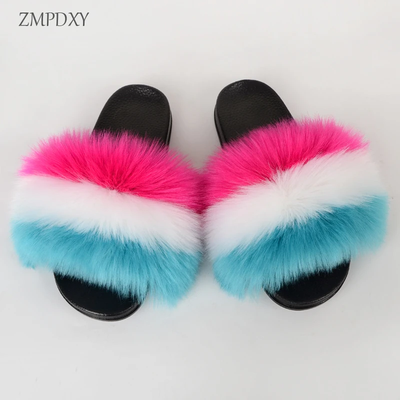 New Design EVA Fluffy Shoes Ladies Home Warm Slippers Faux Fox Fur Slide Plush Slipper Furry Fake Fur Sandals Women Shoes Vendor