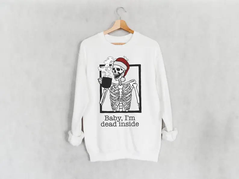 Sweatshirt Skeleton Drinking Coffee Funny Sweatshirt Christmas Funny Women Graphic Organic Vegan cotton Shirt Top Drop Shipping