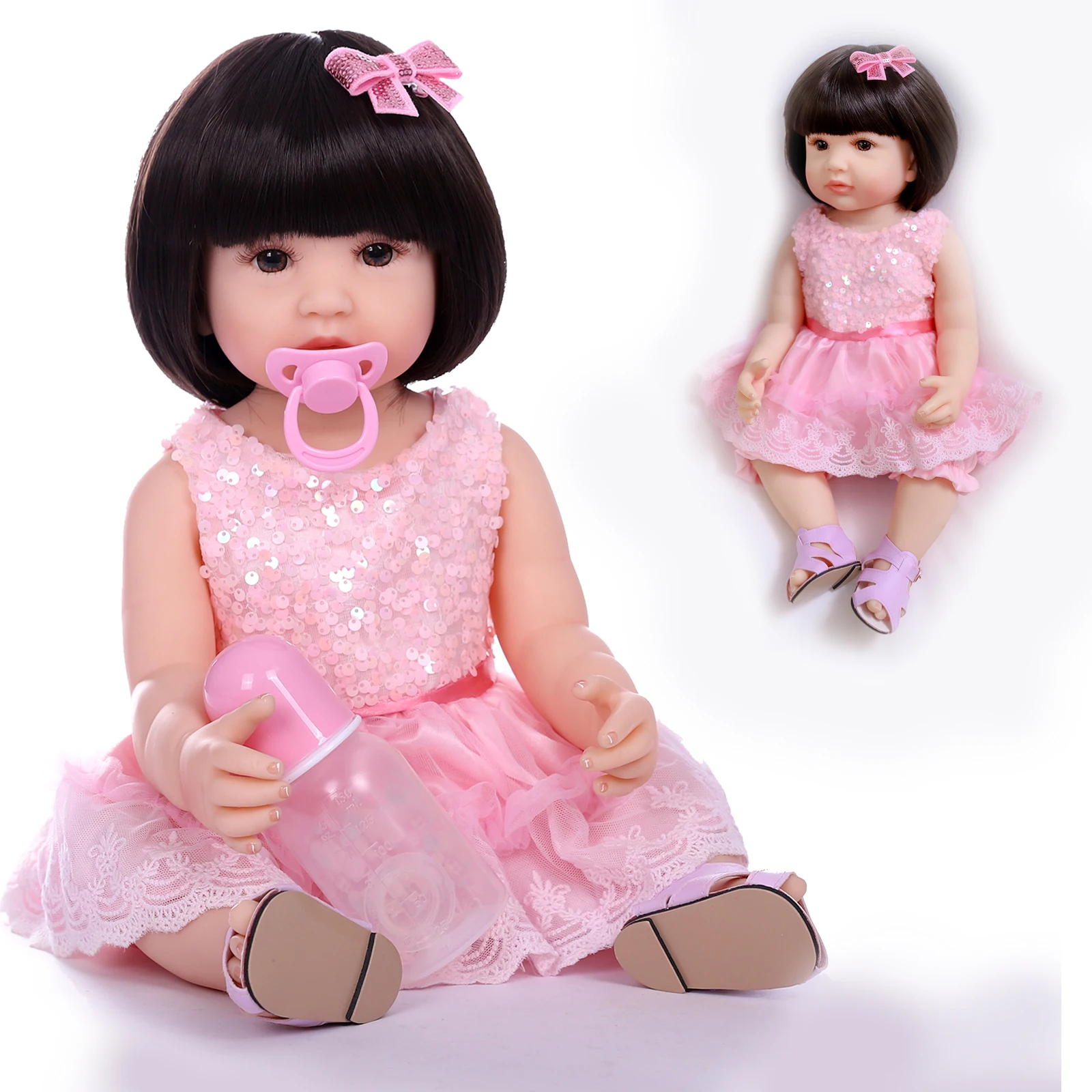 

22 Inch 55 Cm Reborn Full Silicone Doll Vinyl Washable Pretty Pink Dress Girl Toy Gift Personal Collection