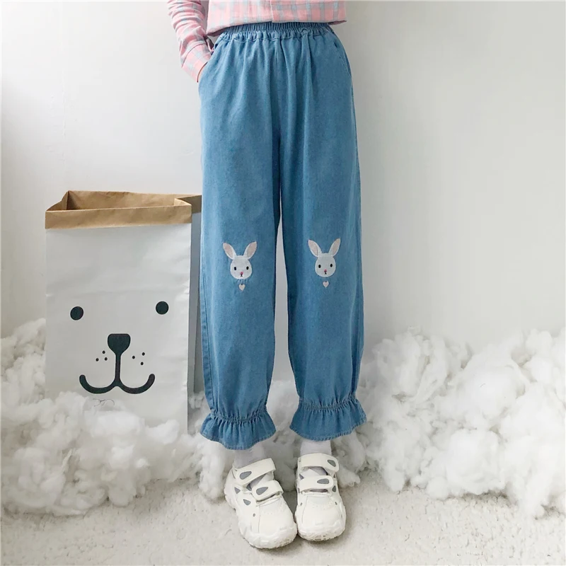 Autumn Kawaii Jeans Women Cute Girls Rabbit Embroidery Denim Blue Pants Harajuku Streetwear Flares High Waist Casual Bloomers