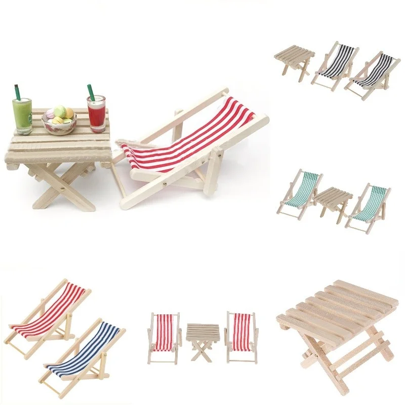 New 1:12 Mini Foldable Striped Wooded Beach Chair Recliner Sunbathing Chair Chaise Lounge Chair Dollhouse Furniture for Doll Toy