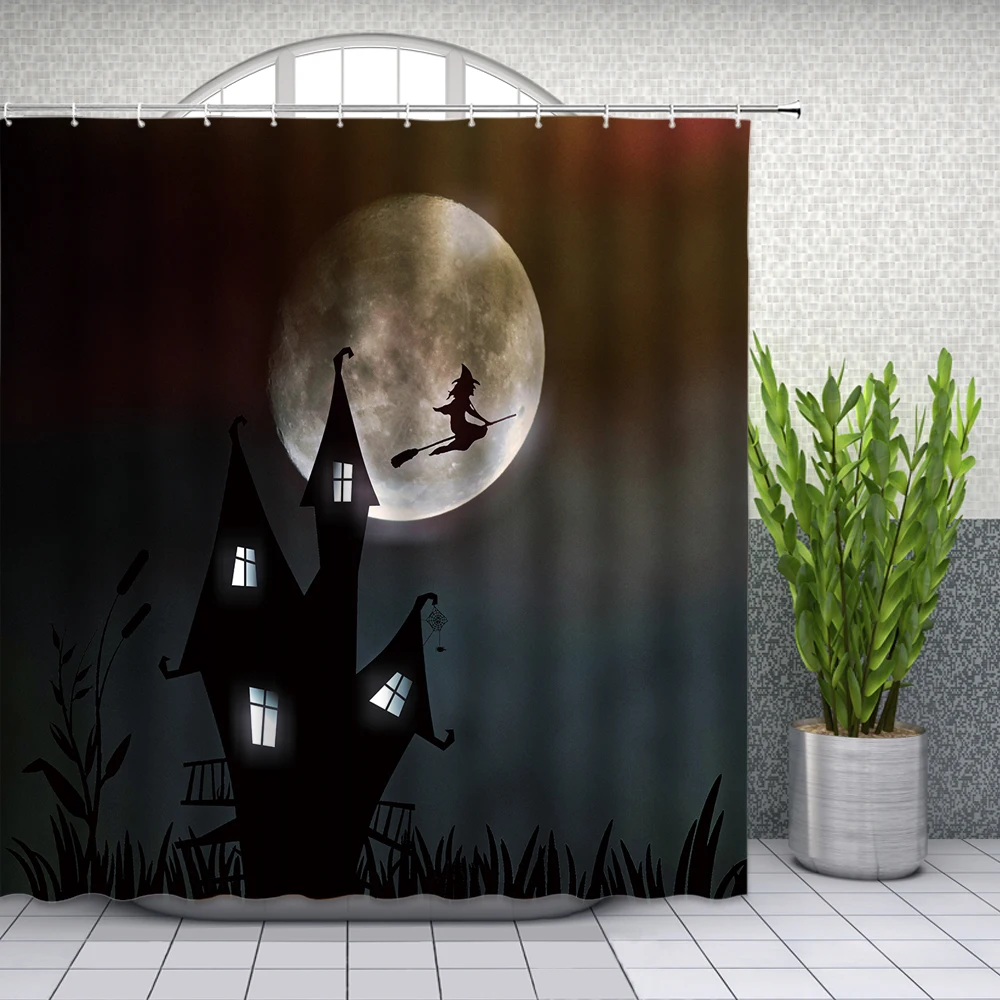 Halloween Shower Curtains Funny Horror Theme Party Decor Witch Castle Moon Night View Bathroom Decor Polyester Fabric Curtain