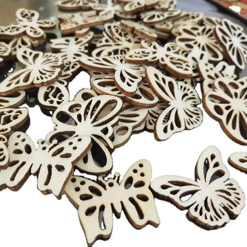 50pcs Wooden Embellishments Flower Butterfly Shape Cutouts DIY Scrapbooking Crafts Wooden Crown Pieces Discs Wood Slice Ornament