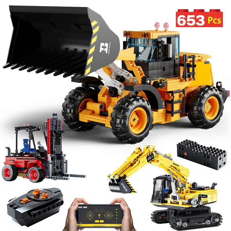 

City RC Excavator APP Building Blocks Bulldozer Crane Remote Control Forklift Car Truck Bricks Toys For Children Boys