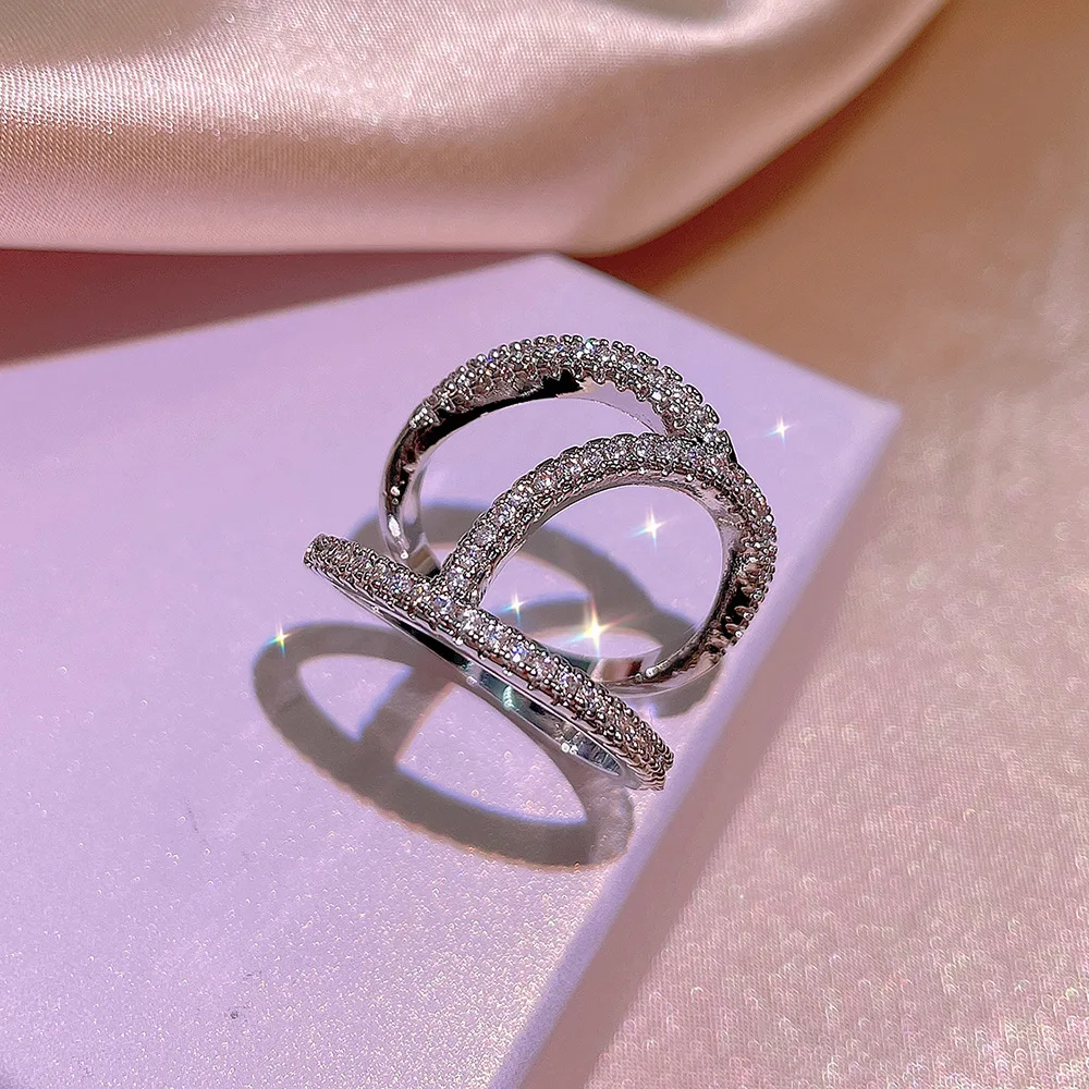 925 Sterling Silver Small Incense Wind Fashion Cold Wind White Zircon Interwoven Double Ring Ladies Party Birthday Jewelry Gift