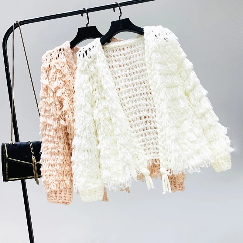 3D Hook Flowers Tassels Circles Sequins Knitted Cardigan Crochet Beading Sweater Fringed Elegant Sweaters Sueter Mujer Korean