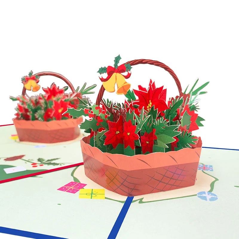 

Рождественская Цветочная корзина с колокольчиком, 10 шт., 3D выдвижная поздравительная открытка, приглашение, открытка, подарок на свадьбу, день рождения