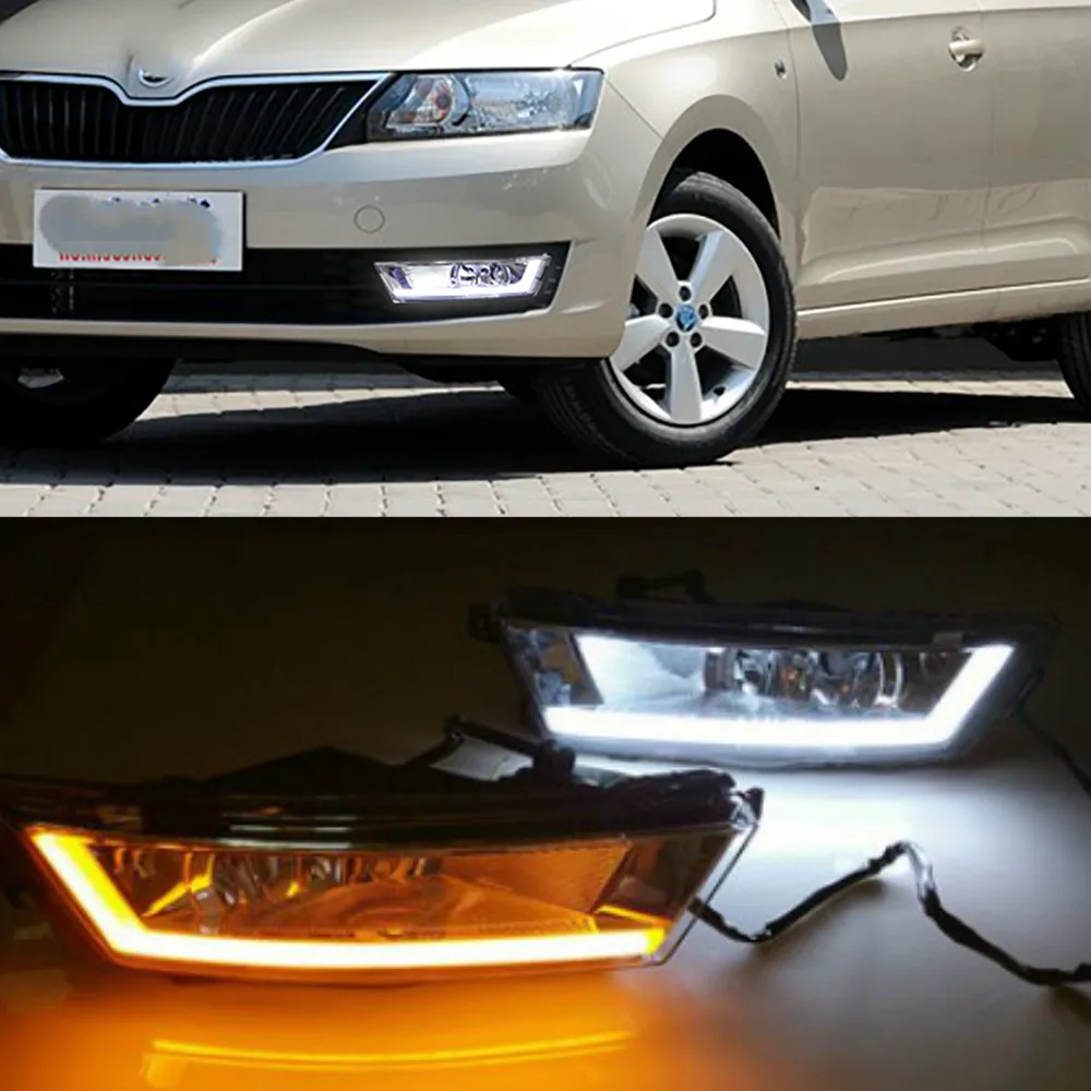 

1 set LED DRL Daytime Running Lights Daylight With turnning yellow signal Lamp For Skoda Rapid 2013 2014 2015 2016 2017