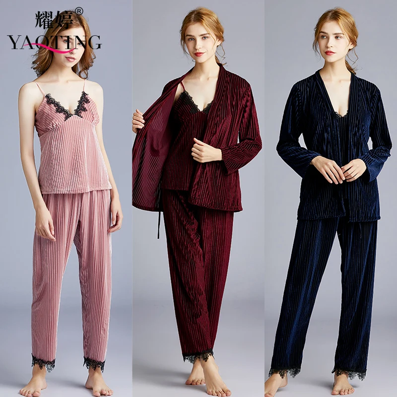 Woman three-piece Pajama Confortable Autumn Winter Long Sleeve Home Wear Sexy Suspender Pants Velvet Suit