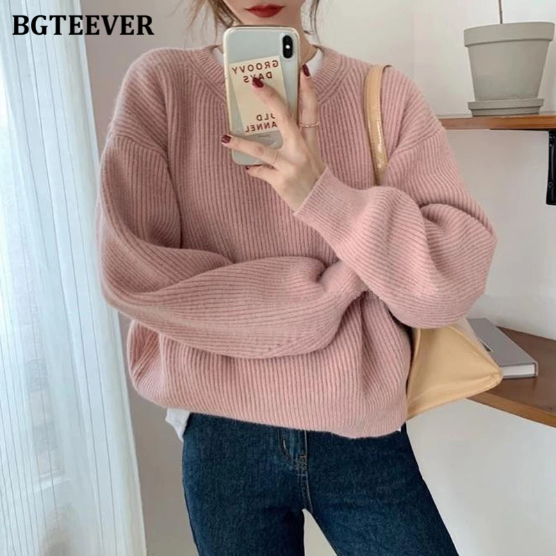 BGTEEVER Autumn Winter Warm Loose Full Sleeve Women Knitted Pullovers Tops Casual O-neck Female Solid Sweaters Jumpers 2021