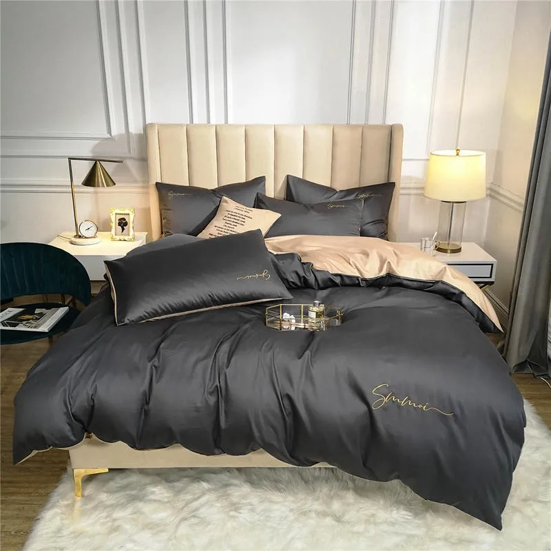 Simple Embroidery Duvet Cover set Silky Soft 600TC Egyptian Cotton Bedding Set with Zipper(1Duvet Cover+1Bed sheet+2Pillowcases)