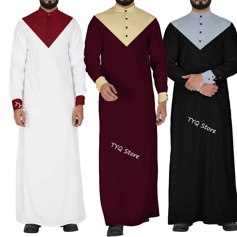 Fashion Men Vintage Islamic Muslim Kaftan Abaya Saudi Dubai Collar Robes Jubba Thobe Long Sleeve Indian Clothing S-5XL