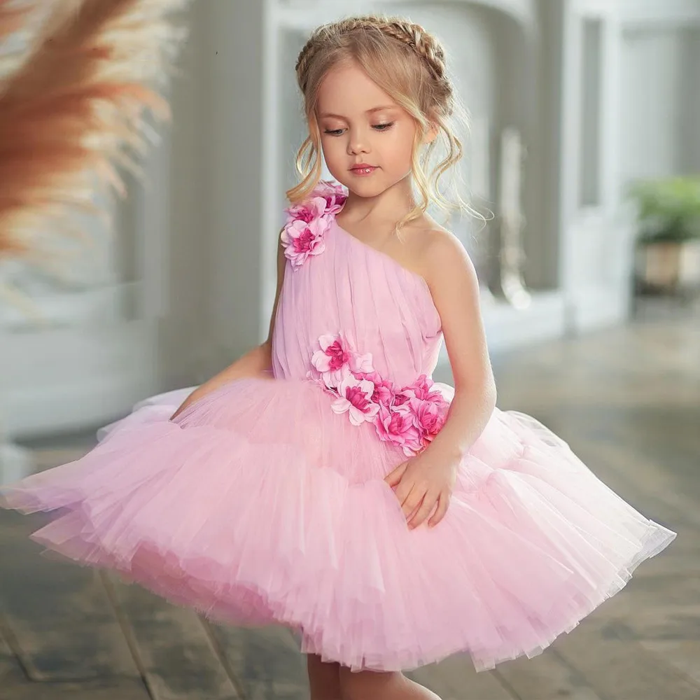 

Pink Baby Girl Dress One Shoulder Flower Girl Dresses Tulle Puffy Dresses For Girls Kids First Communion Birthday Gown