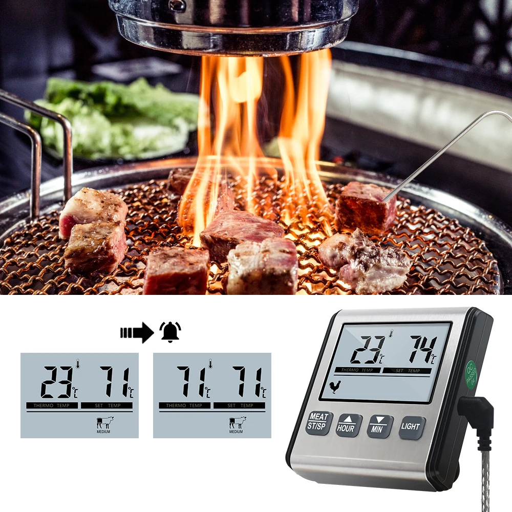 Digital BBQ Meat Thermometer For Oven Timer Meat Cooking Kitchen Temperaure Meter With Stainless Steel Probe