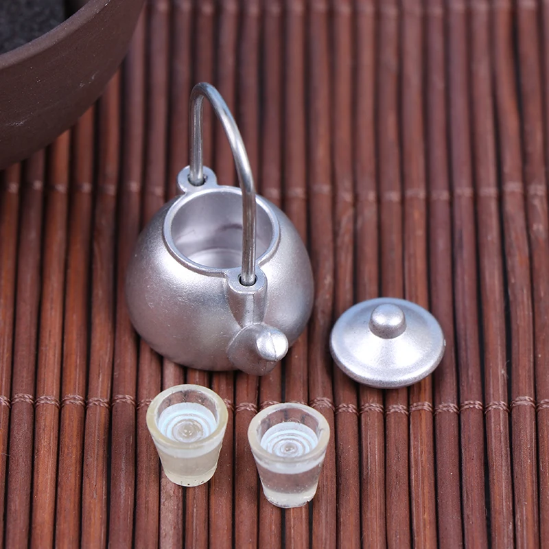 3Pcs Doll House Miniature Vintage Metal Kettle Cup Model Simulation Mini Kitchen Tea Pot Toy Decoration Dollhouse Accessories