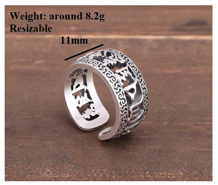 Handcrafted 100% 925 Silver Tibetan Six Words Ring Buddhist OM Mantra Ring Good Luck Ring Resizable