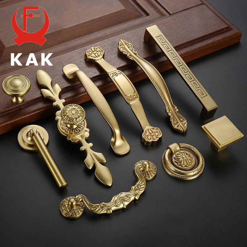 KAK Solid Copper Cabinet Handles Kitchen Cupboard Door Pulls Drawer Knobs European Vintage Brass Gold Furniture Handle Hardware