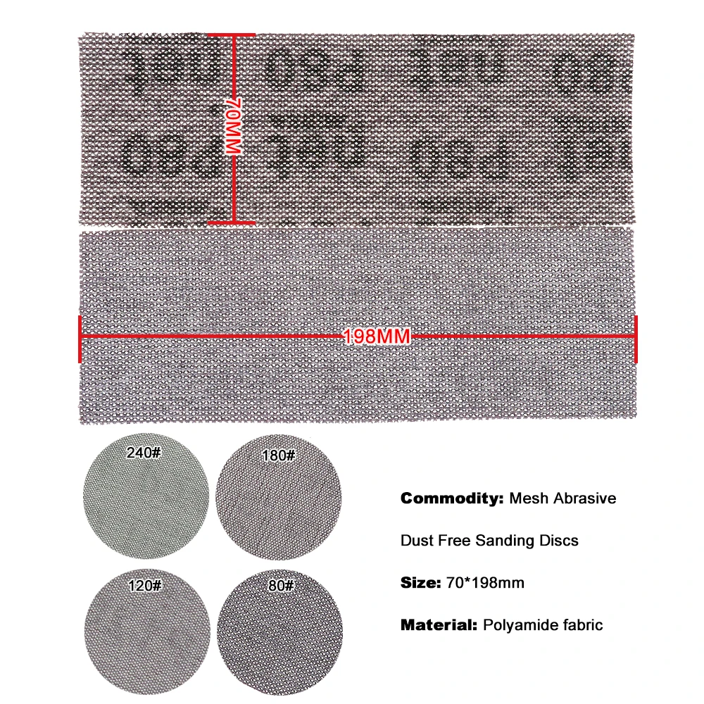 10Pcs 198*70mm Dust Free Mesh Sanding Discs Hook Loop Anti-blocking Dry Grinding Sandpaper 80-320 Grit For Wood Car Polishing