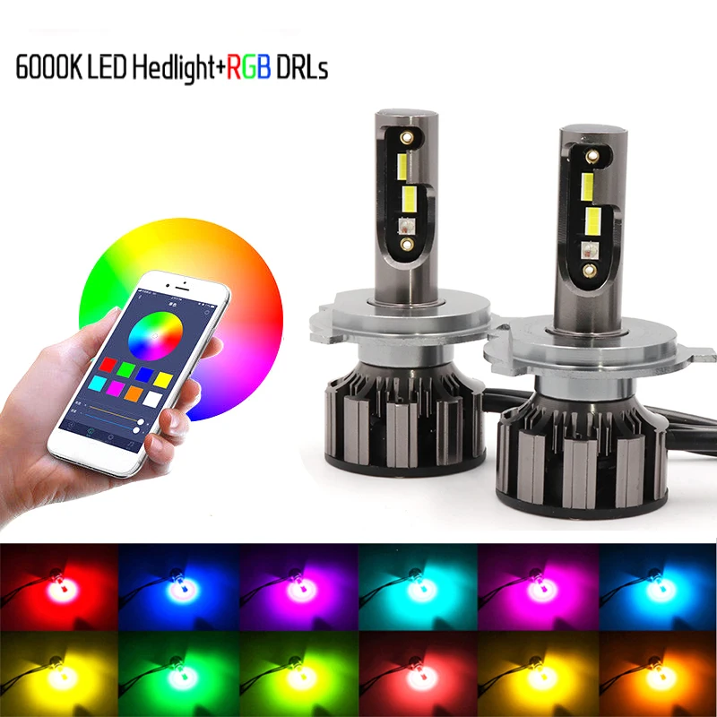Pair H4 RGB LED Headlight H1 APP Bluetooth-Compatible Control Multi Colors LED Bulbs For Camry Ford BMW