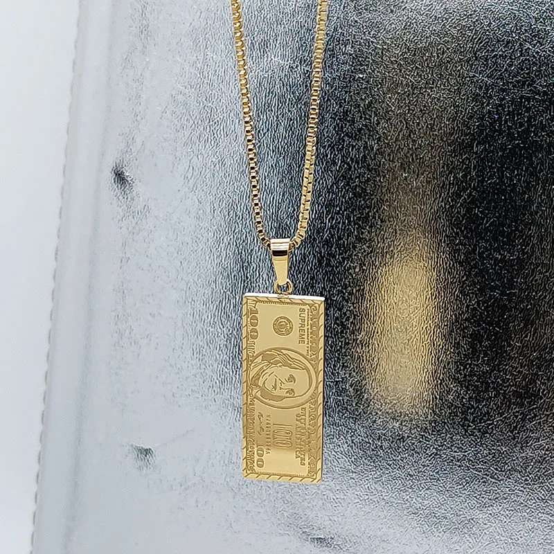 100 Dollar Bill Gold Pendant Necklace Stainless Steel Box Chain Punk Hip-hop  Women Men