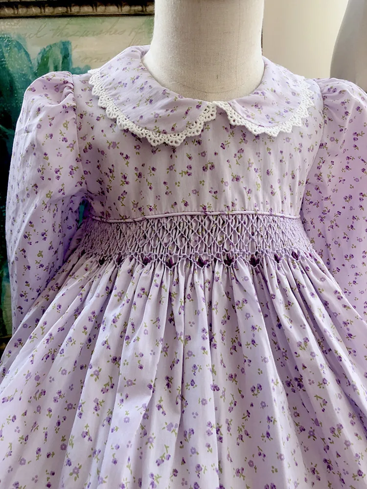 British classical spring autumn vintage smocking dress hand-made embroidered kids floral birthday party princess cotton dress