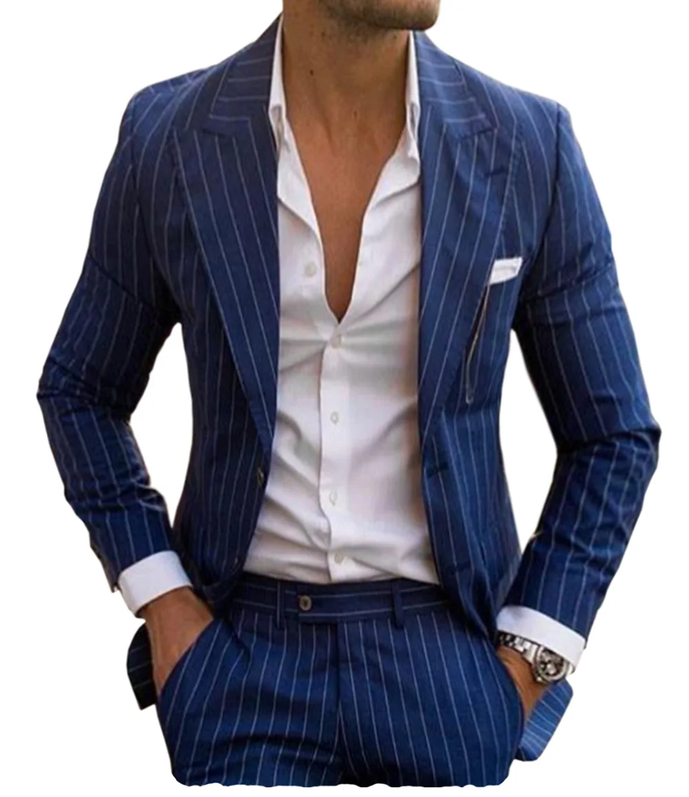 2024 New Men\'s Pinstripe Suits Two Pieces Pinstripe Tuxedos Slim Fit  Peaked Lapel Groomsmen Suits For Wedding (Blazer+Pants)