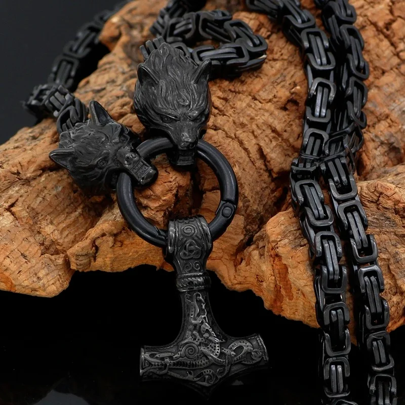 Black Chain Nordic Men Stainless Steel Wolf Head Viking Amulet Thor Hammer Pendant Necklace Viking King Chain