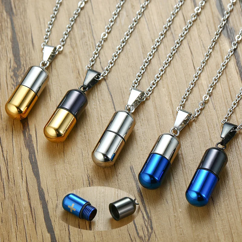 Open Pills Capsule Necklace Pendant for Women Men Stainless Steel Medicine Capsule Holder Jewelry