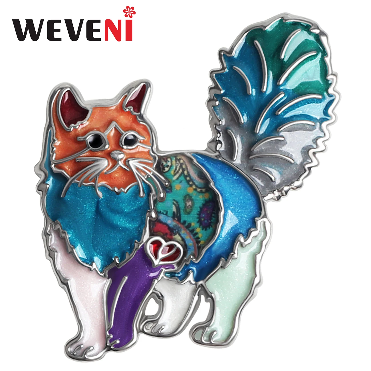 WEVENI Enamel Alloy Mental Floral Sweet Fluffy Cat Kitten Brooches Big Pin Scarf Fashion Jewelry For Women Teens GirlsCharm Gift