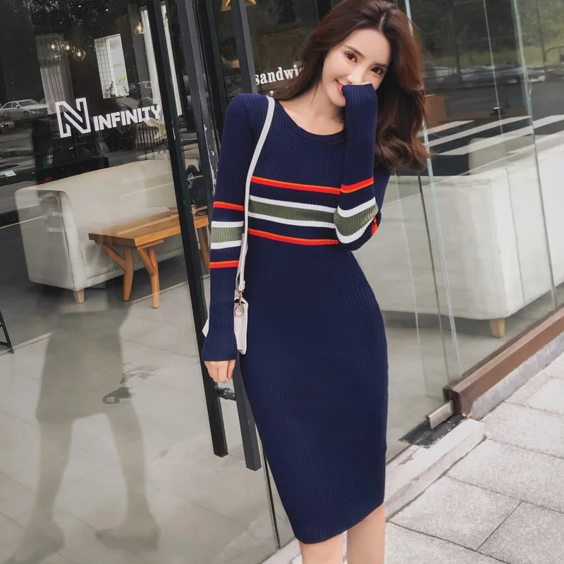 Drucken Striped Mantel Bodycon Gestrickte Kleid Frauen Lange Hülse Beiläufigen Frauen Kleider Neue Ankunft 2019 Runway Kleider Hohe Qualität