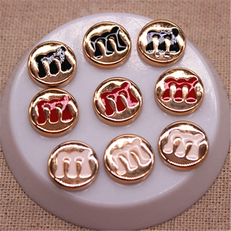 50PCS 12mm White/Black/Red Enamel M Bean Golden Plastic Flatback Button DIY Decoration Jewelry/Craft Scrapbook Accessories