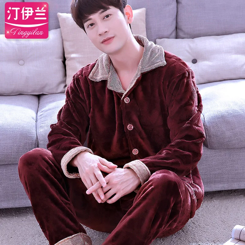 H5873 Men Pajamas Set Thickened Flannel Long Sleeve Nightgown Autumn Winter Coral Velvet Home Clothes Plus Size Loose Sleepwear