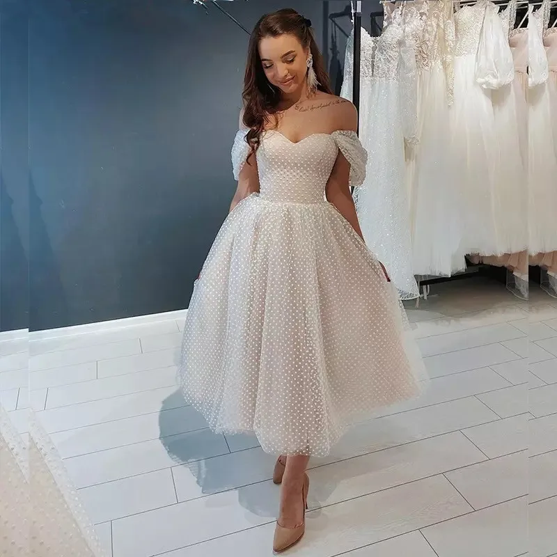 Short Wedding Dress 2021 Off Shoulder Ankle Length Point Net Bridal Gown Gorgeous For Women Brides Tulle Robe  Graceful