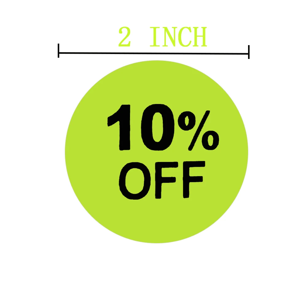 2021 New Trend 500 PCs/Roll Adhesive Labels 10% Percent Off Stickers Hot Green With Black Lettering 2 Inch For Store Promotion