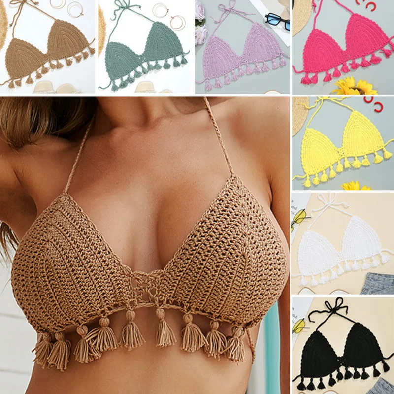 H80&S90 New Women Hand Crochet Tank Tops Handmade Knit Swimwear Sexy Bra Bikini Top Female One Piece Casual Halter Bra Beachwear